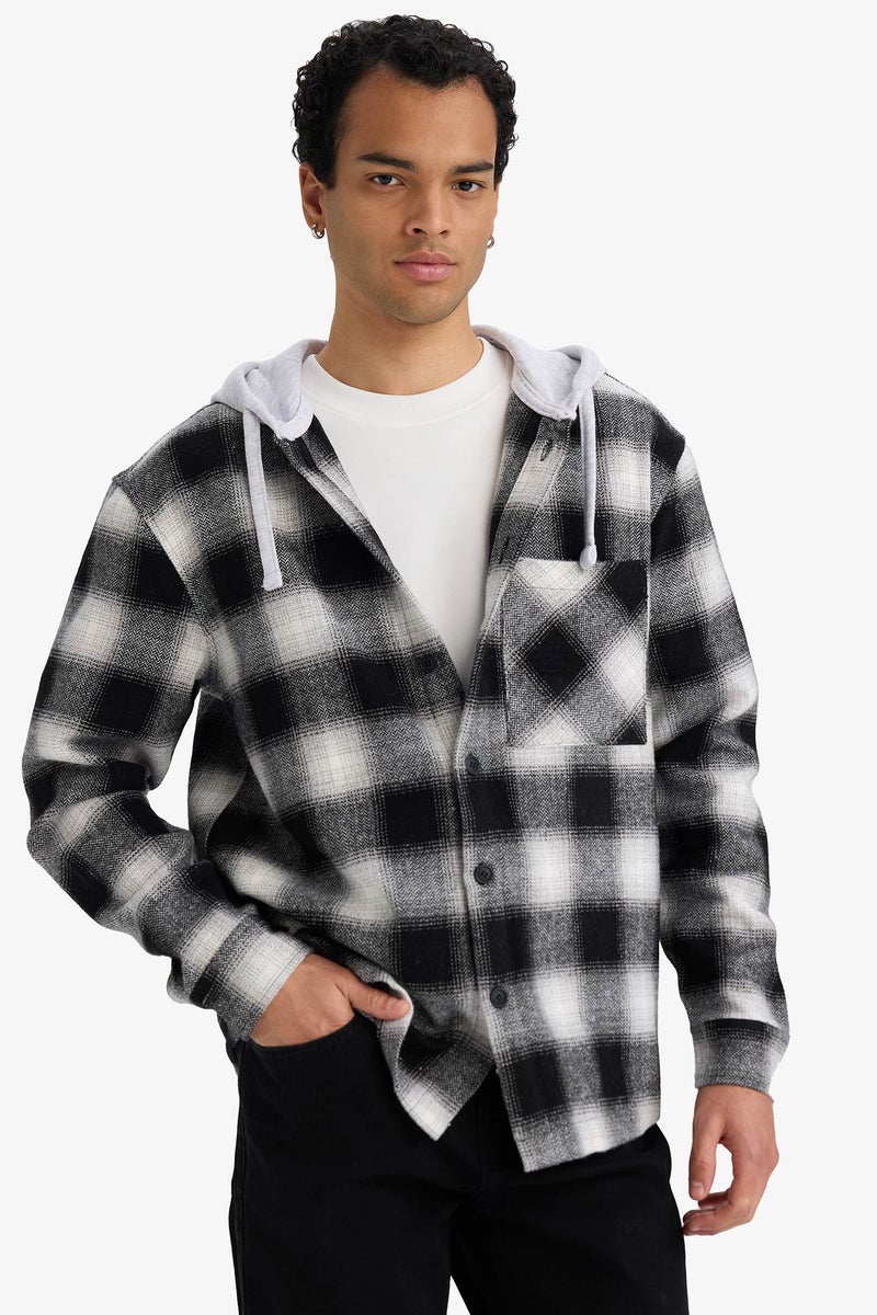 DeFacto Black Man Relax Fit Hooded Flannel Long Sleeve Shirt Casual - Image 3